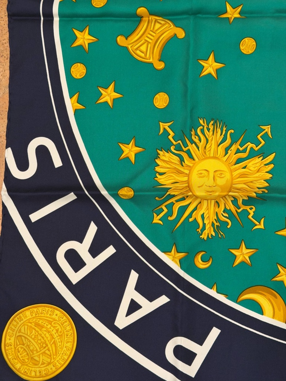 Celine Green & Navy Silk Scarf with Gold Celestial Medallions - Picture 3 of 5